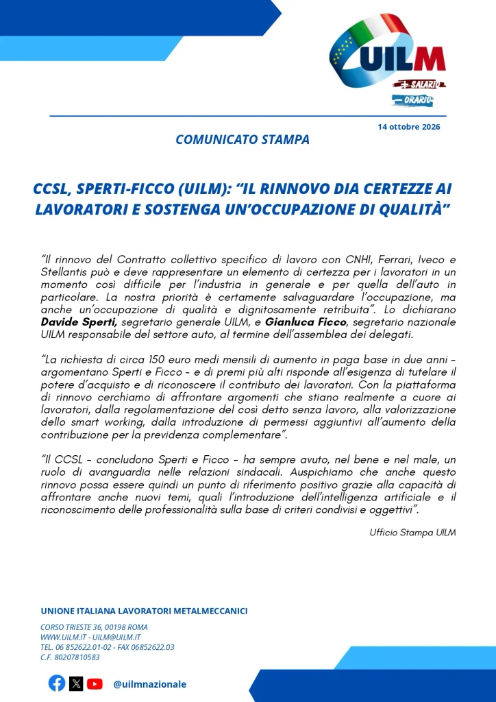 Comunicato stampa rinnovo del CCSL